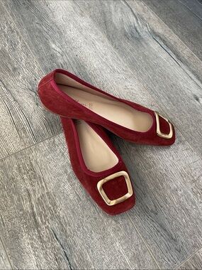 Red Suede Square-Toe Flats with Gold Buckle Accent